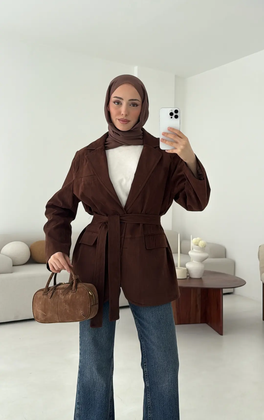 Nubuk Kuşaklı Ceket Kahve