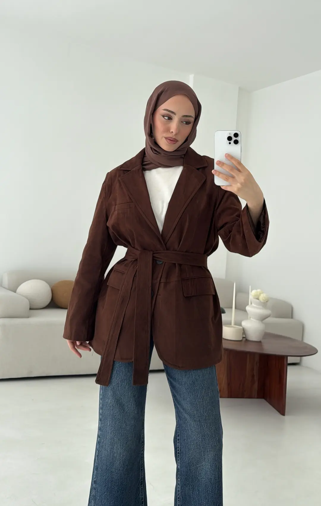 Nubuk Kuşaklı Ceket Kahve
