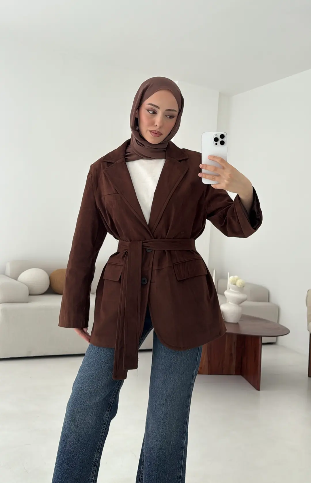 Nubuk Kuşaklı Ceket Kahve