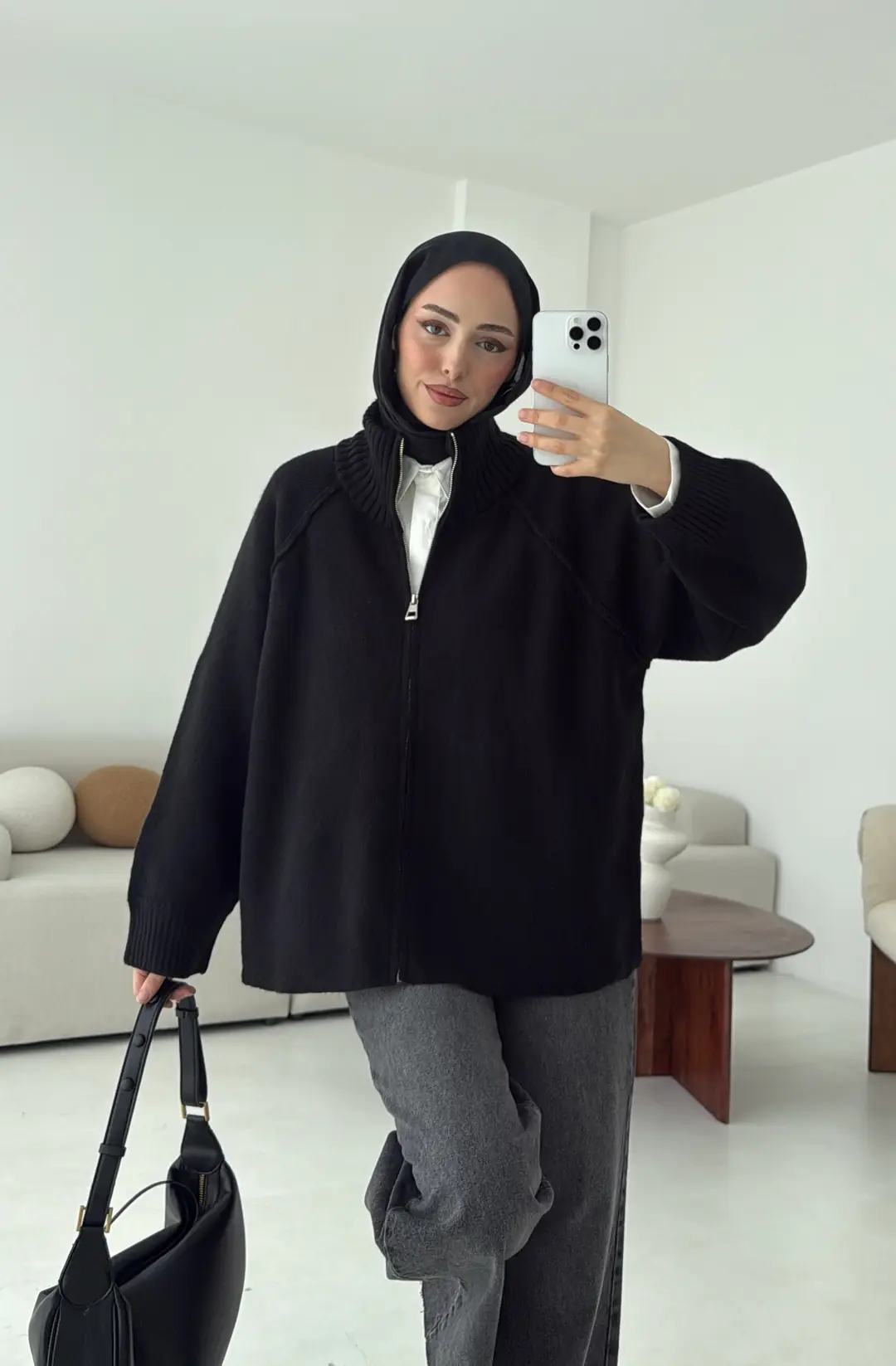 Fermuarlı Şardonlu Hırka Siyah