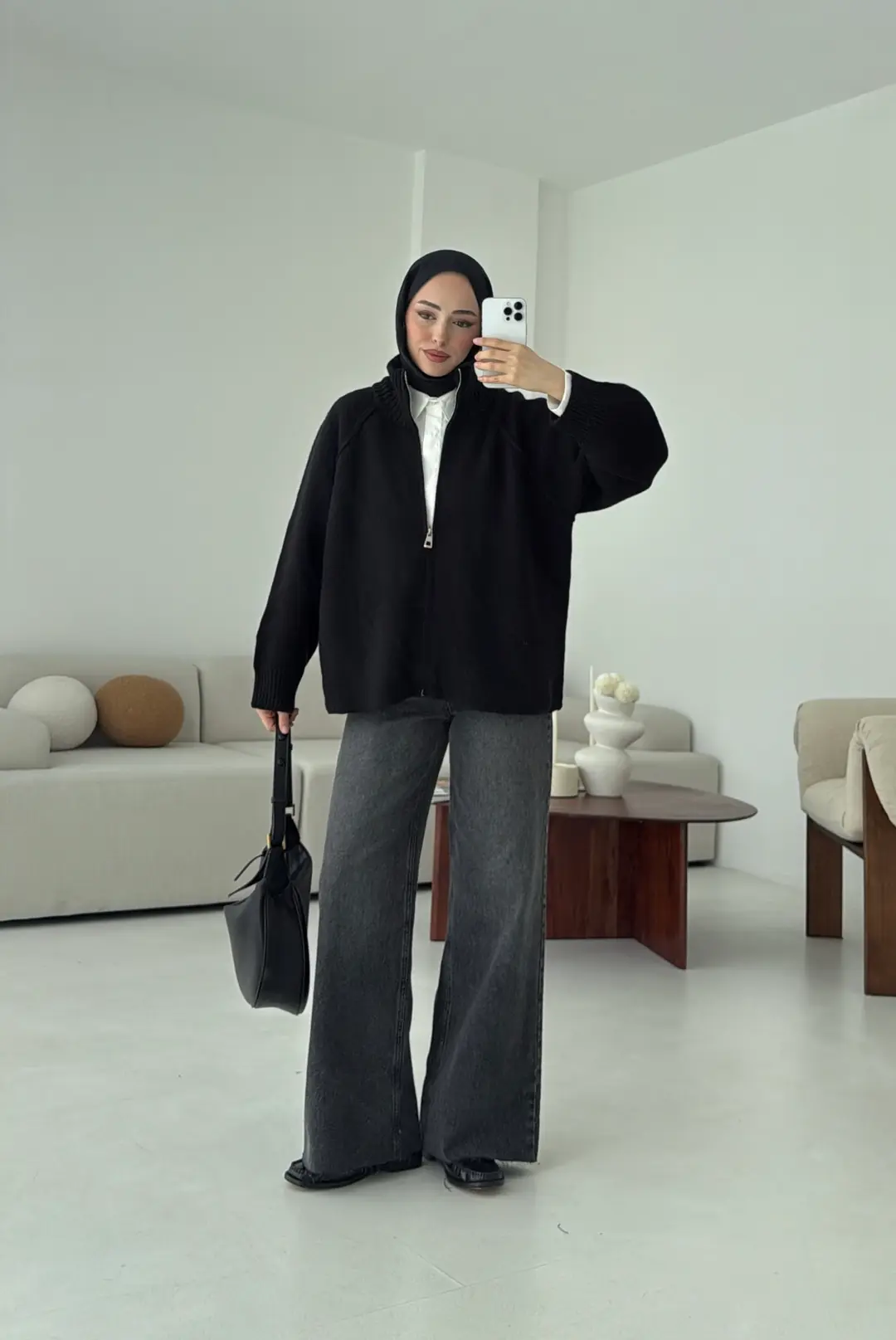 Fermuarlı Şardonlu Hırka Siyah