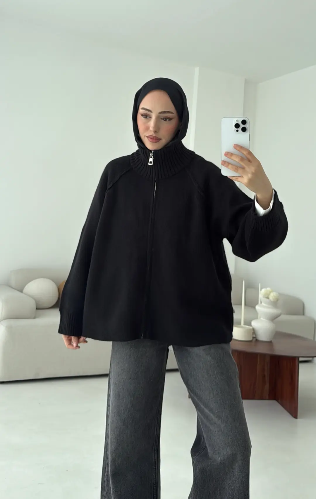 Fermuarlı Şardonlu Hırka Siyah