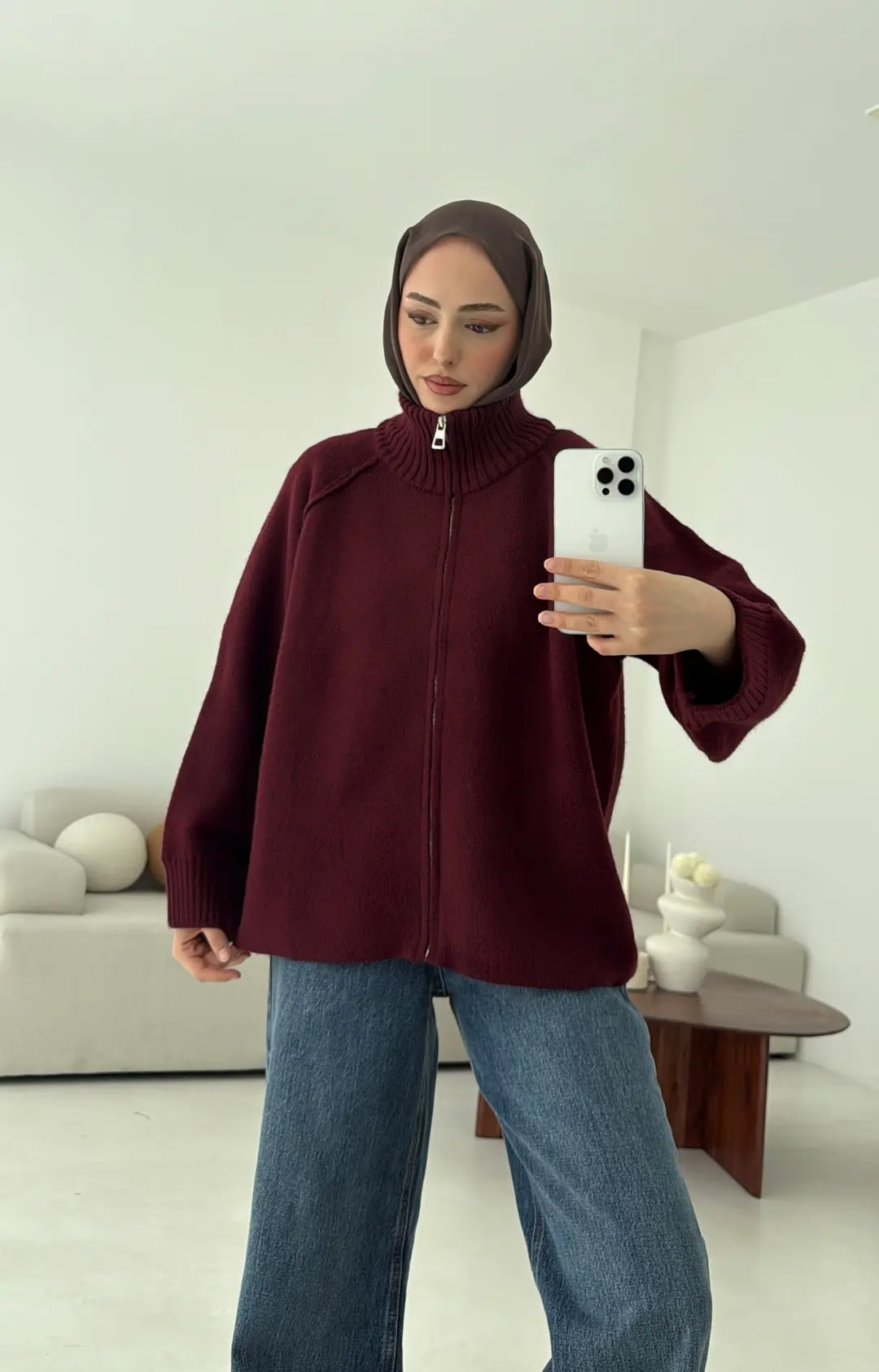 Fermuarlı Şardonlu Hırka Bordo