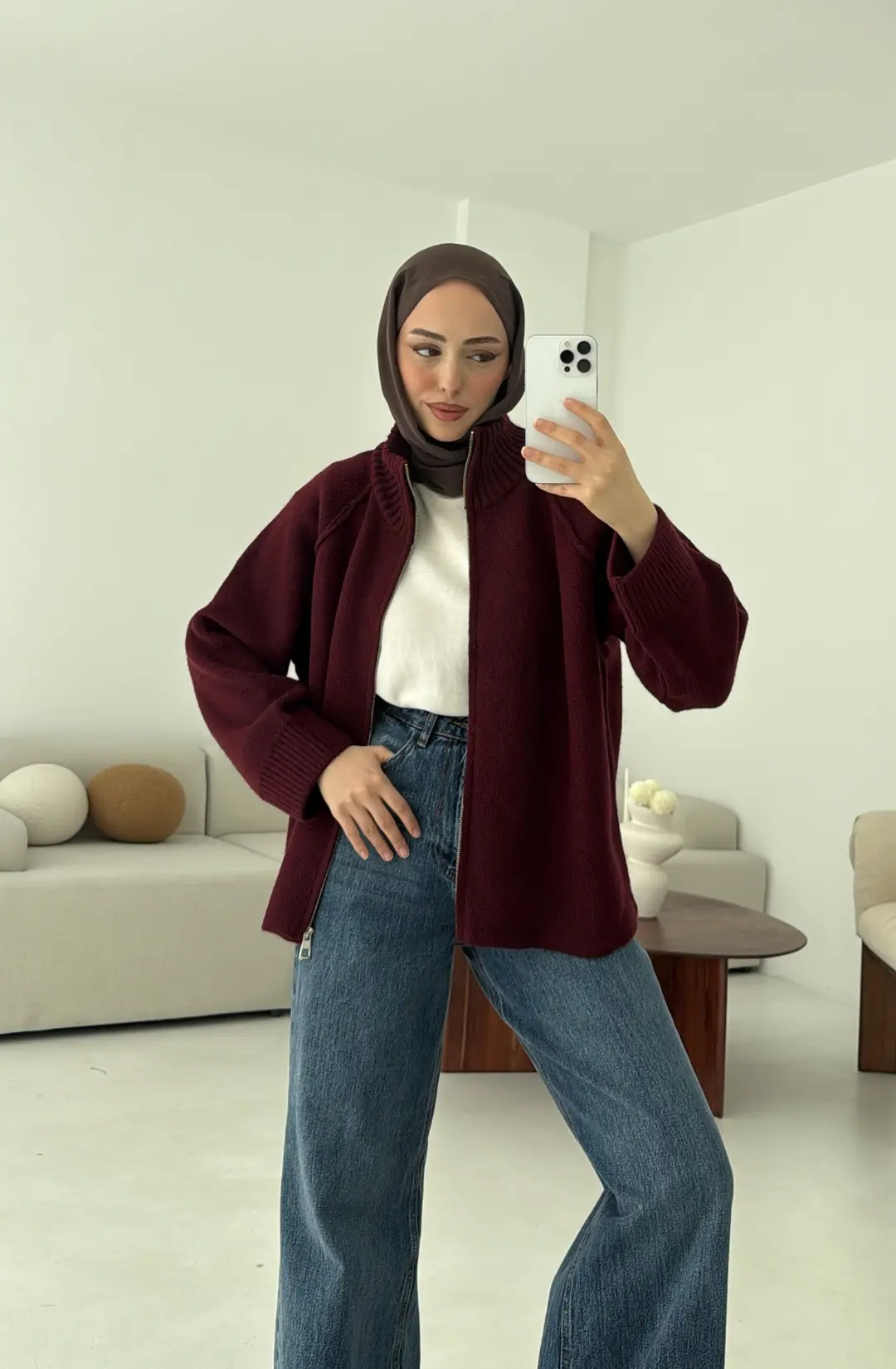 Fermuarlı Şardonlu Hırka Bordo