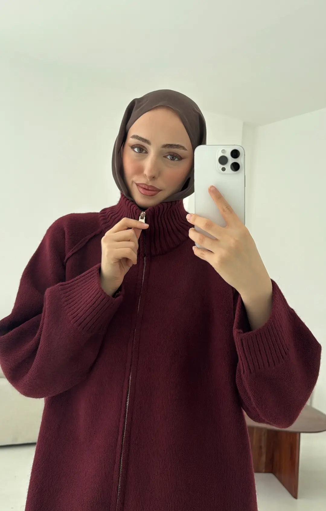 Fermuarlı Şardonlu Hırka Bordo