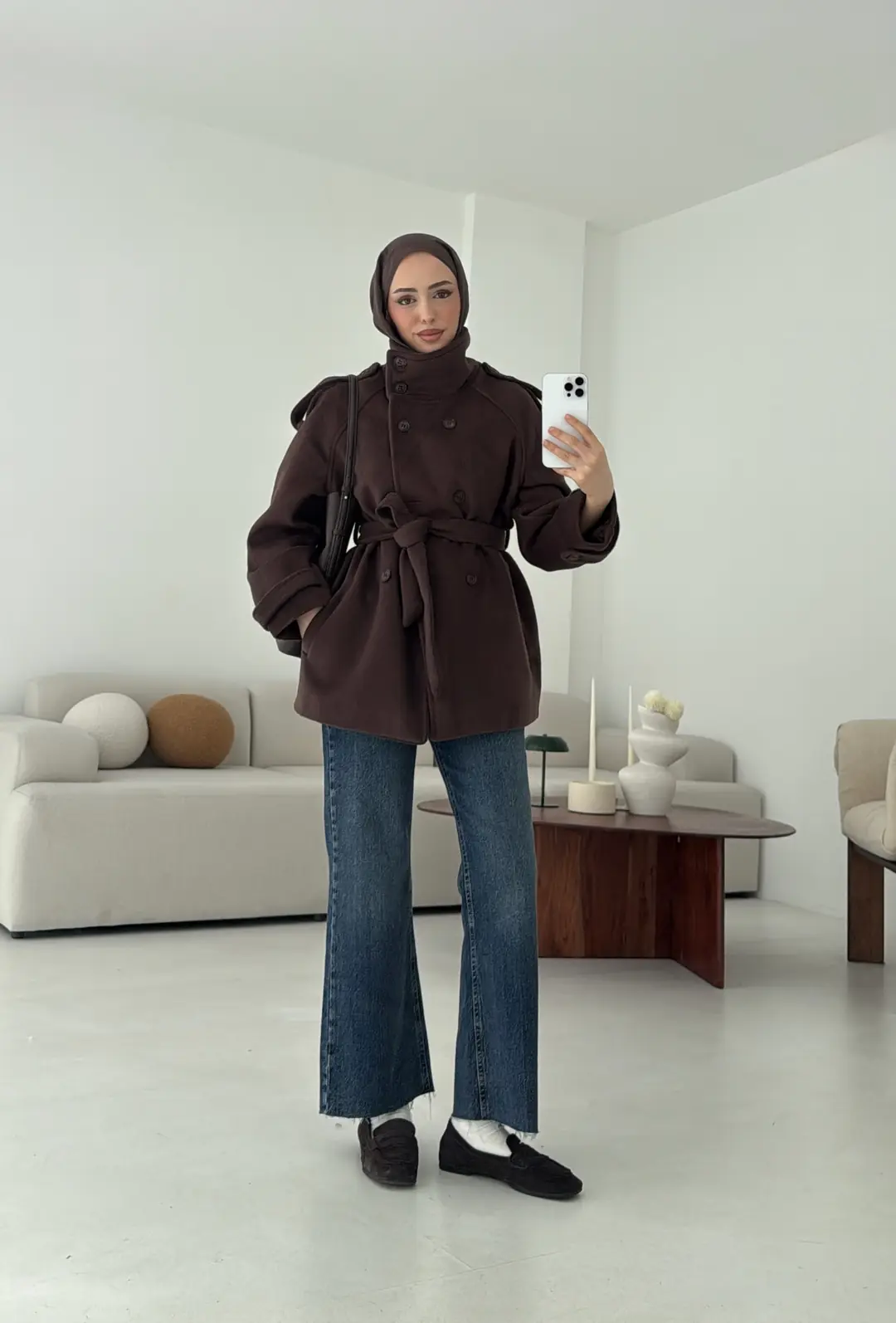 Kuşaklı Oversize Kaşe Kaban Kahve