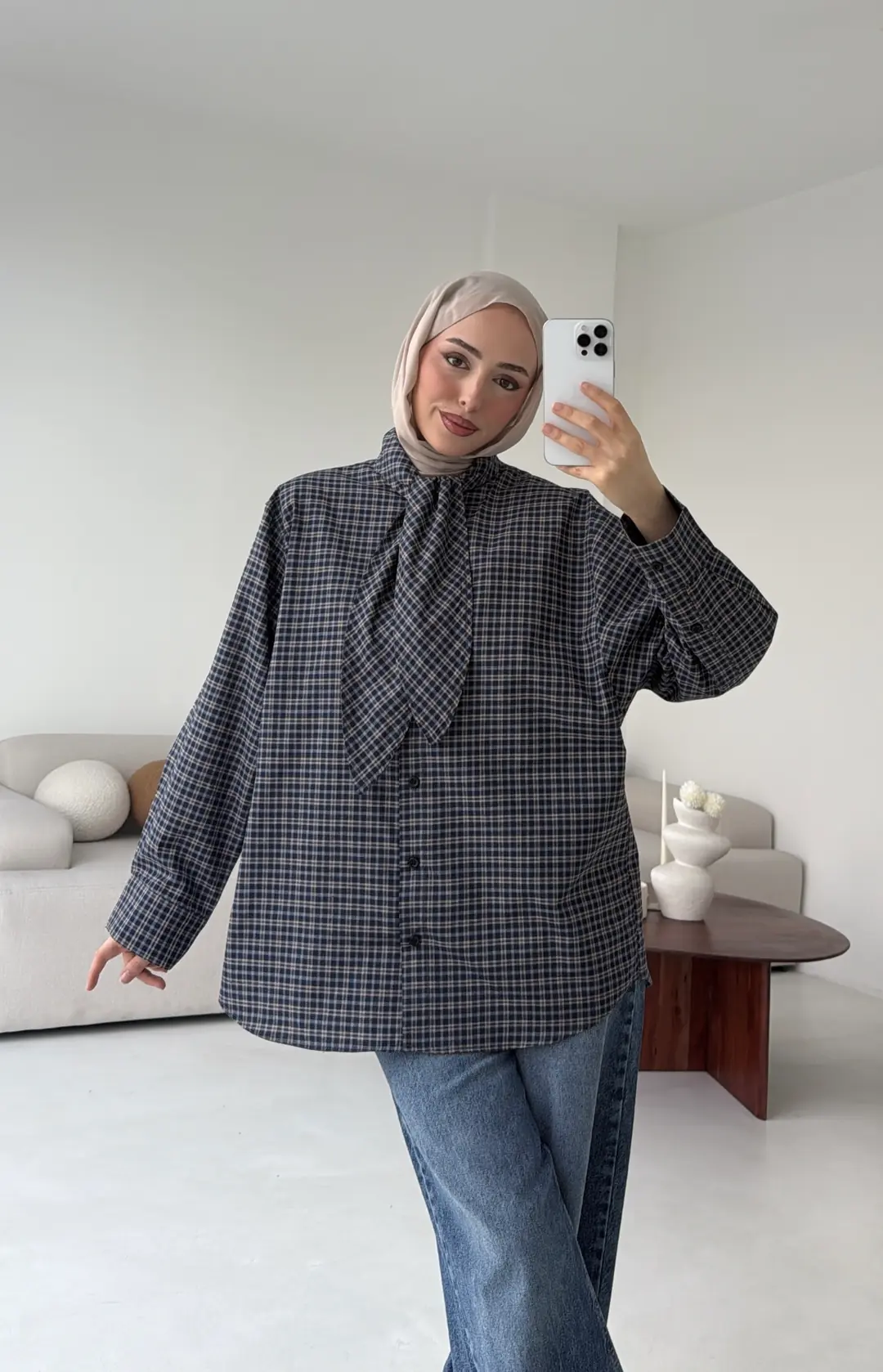 Fular Detay Ekose Gömlek Lacivert
