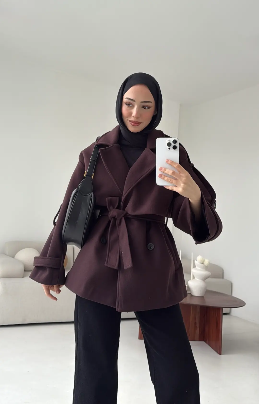 Mürdüm Düğmeli Kol Manşetli Kaşe Kaban