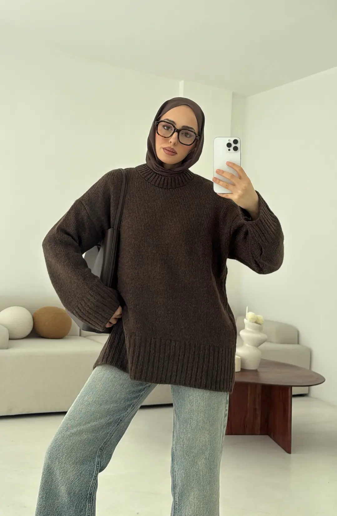 Oversize Soft Triko Kazak Kahve Melanj