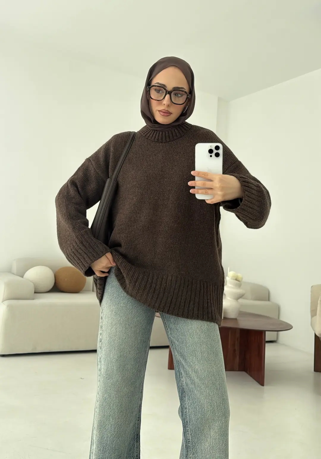 Oversize Soft Triko Kazak Kahve Melanj
