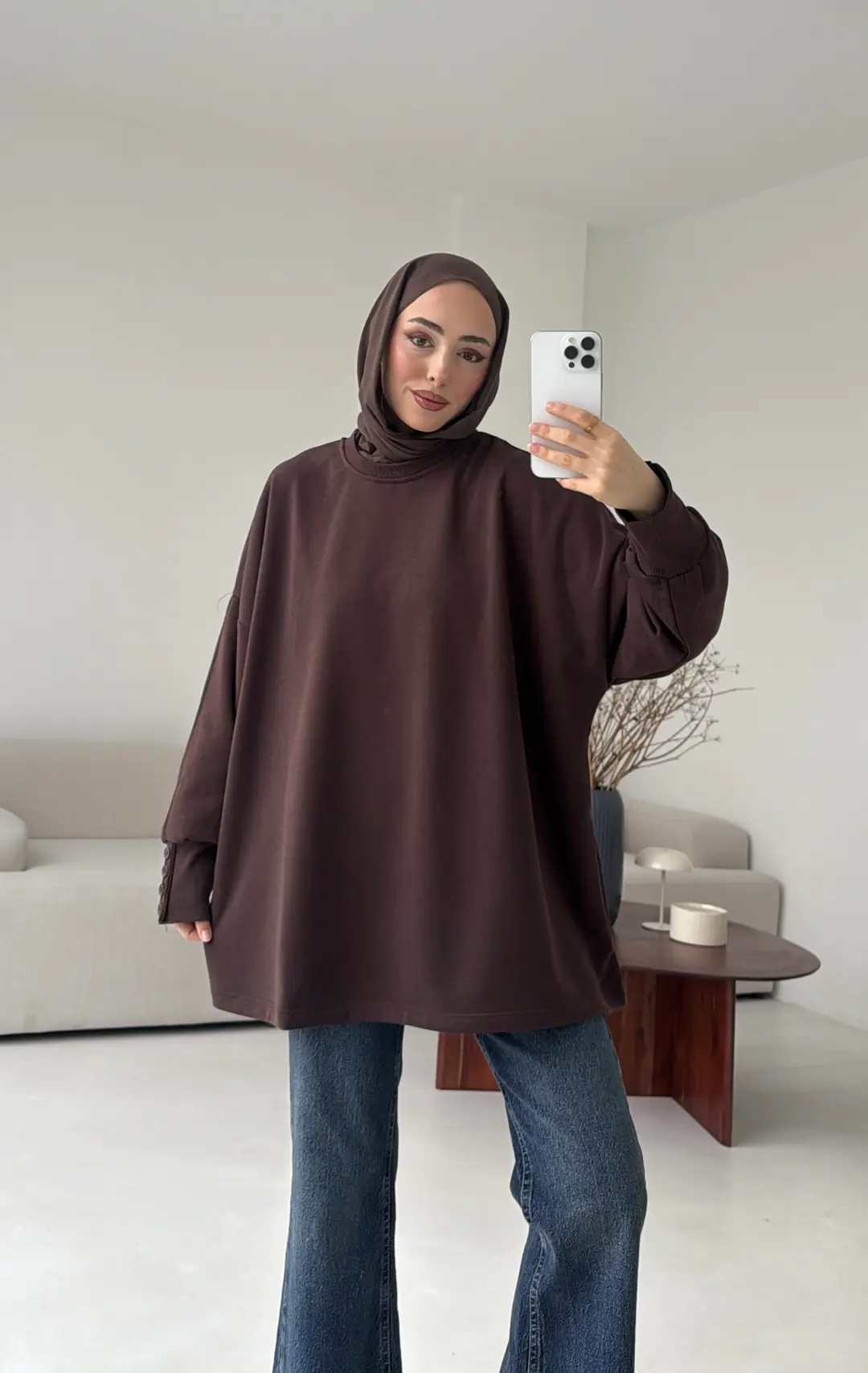Manşeti Düğme Detay Swearshirt Kahve