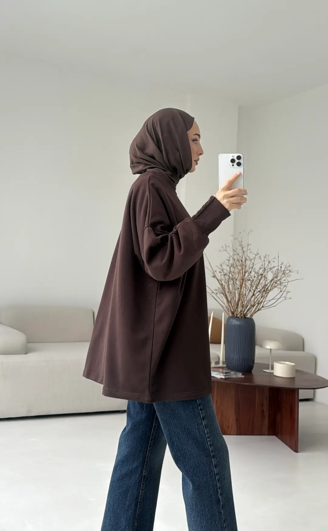 Manşeti Düğme Detay Swearshirt Kahve