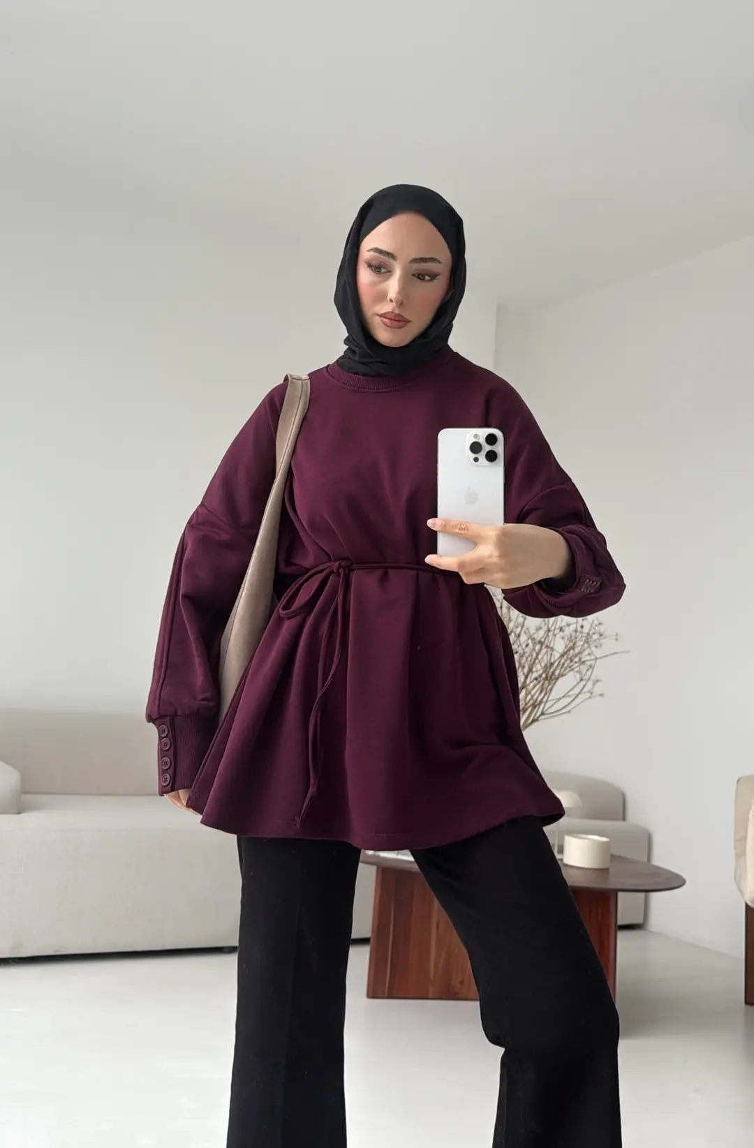 Manşeti Düğme Detay Swearshirt Bordo