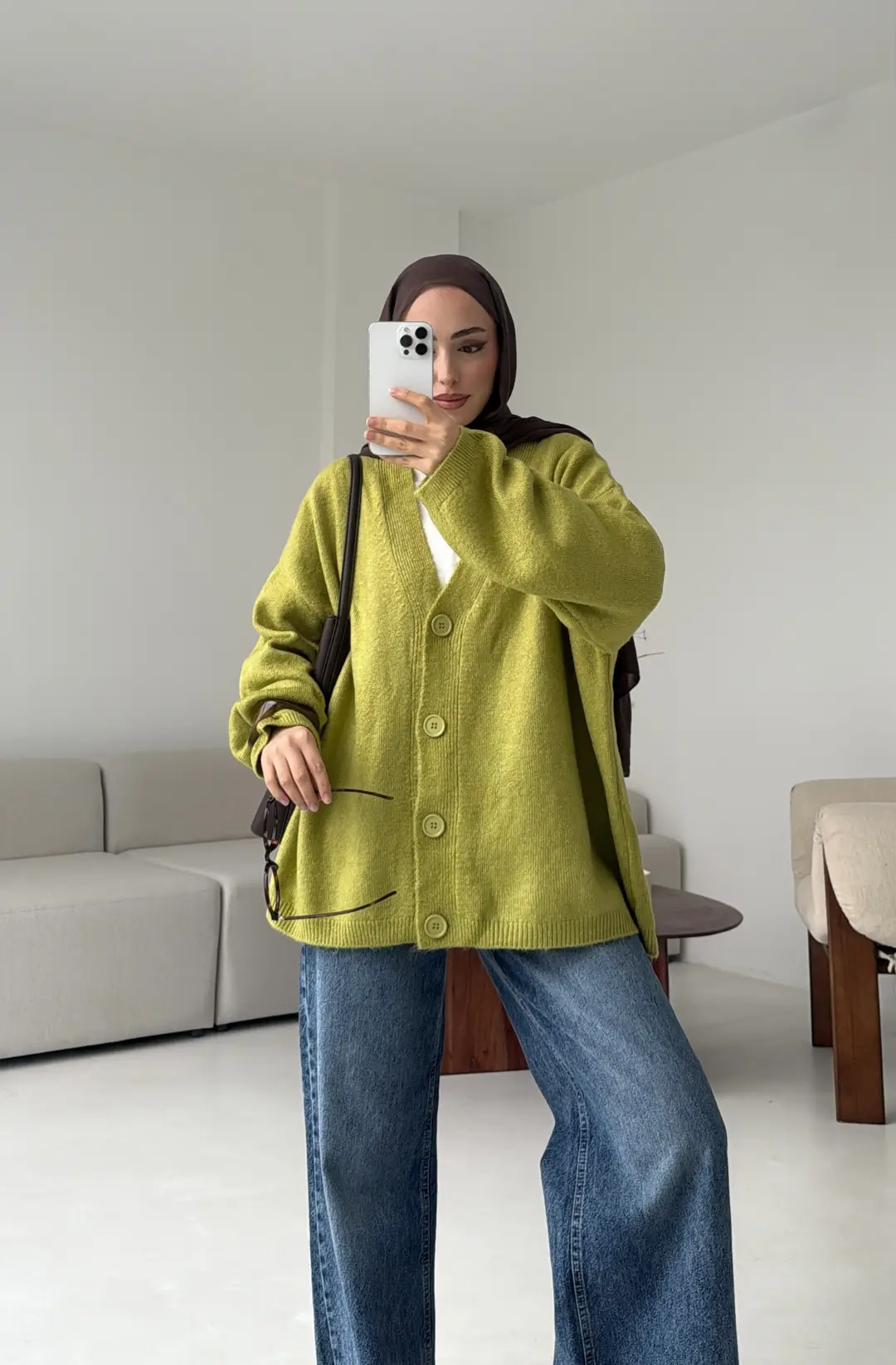 Oversize Yünlü Kazak Yağ Yeşili