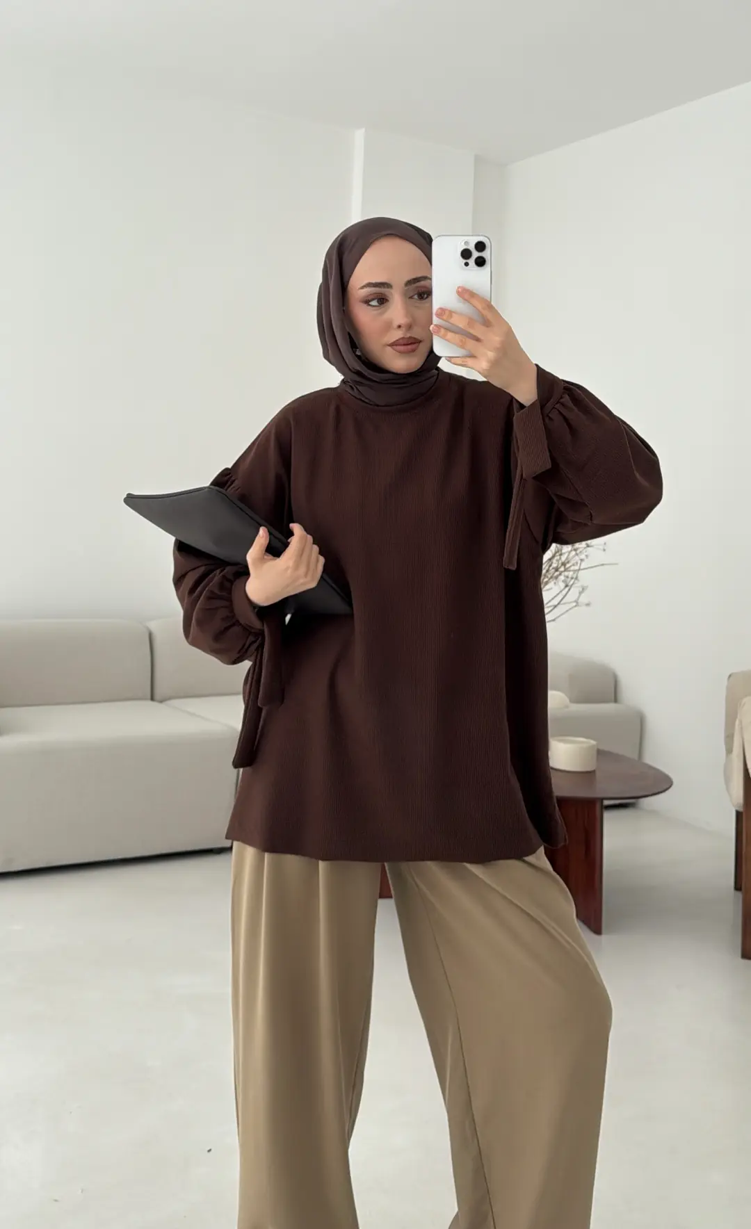 Selanik Balon Kol Bagcıklı Sweat Kahve