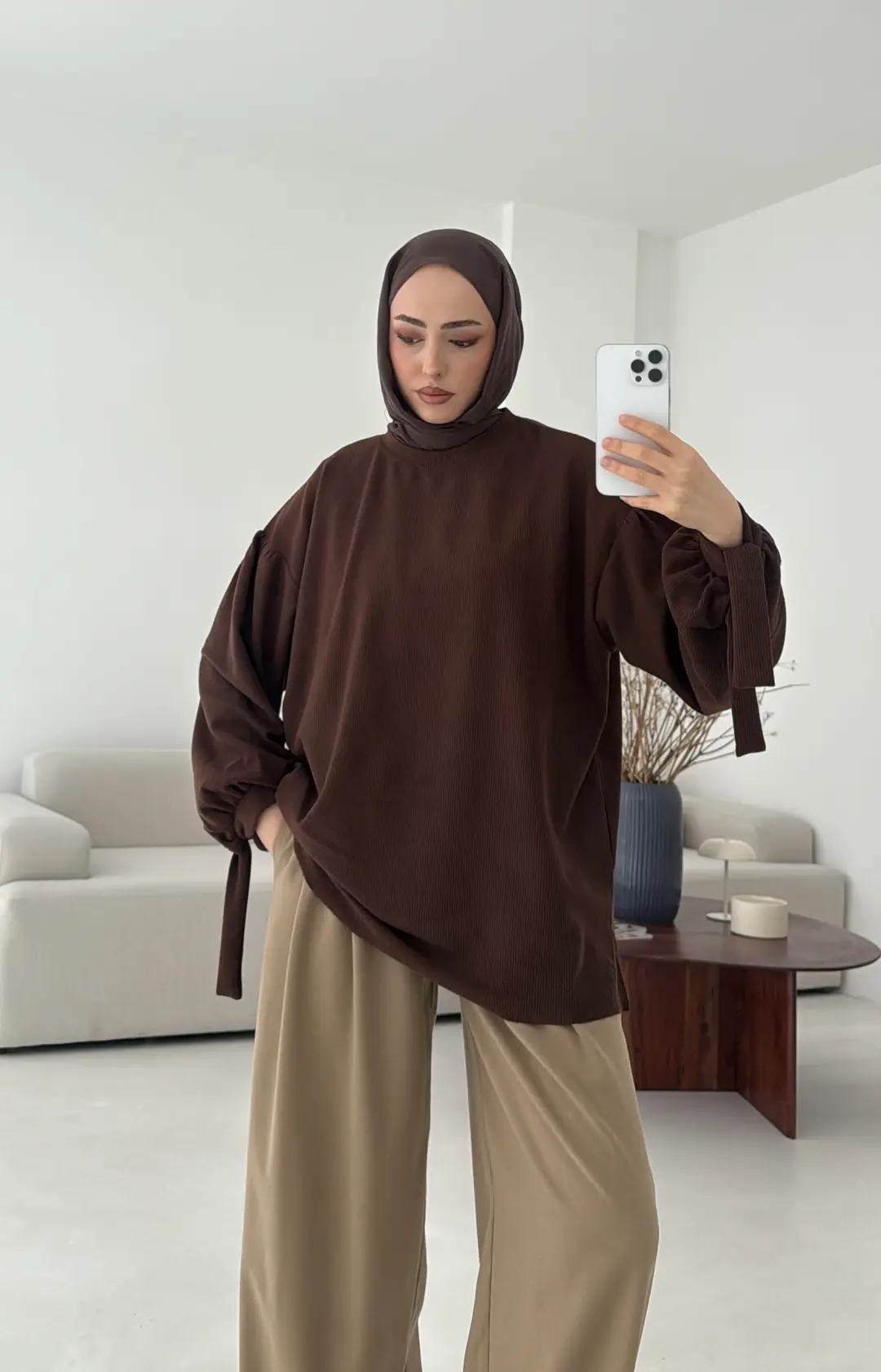 Selanik Balon Kol Bagcıklı Sweat Kahve