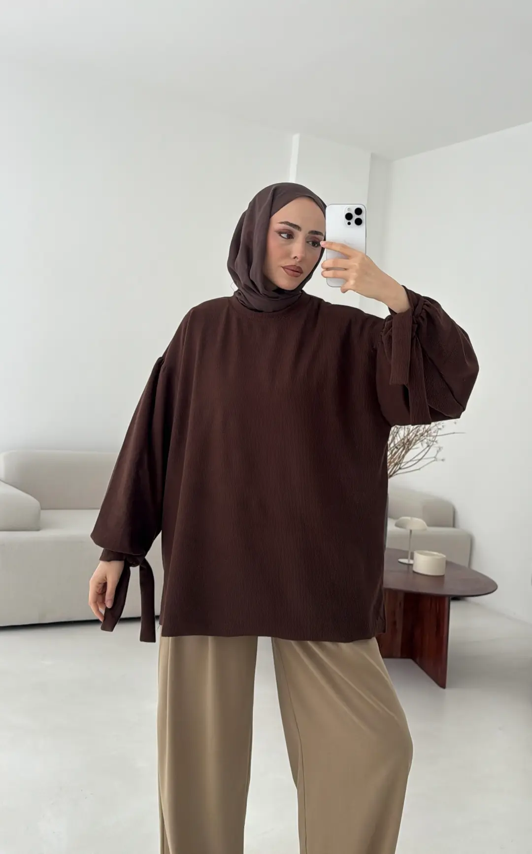 Selanik Balon Kol Bagcıklı Sweat Kahve
