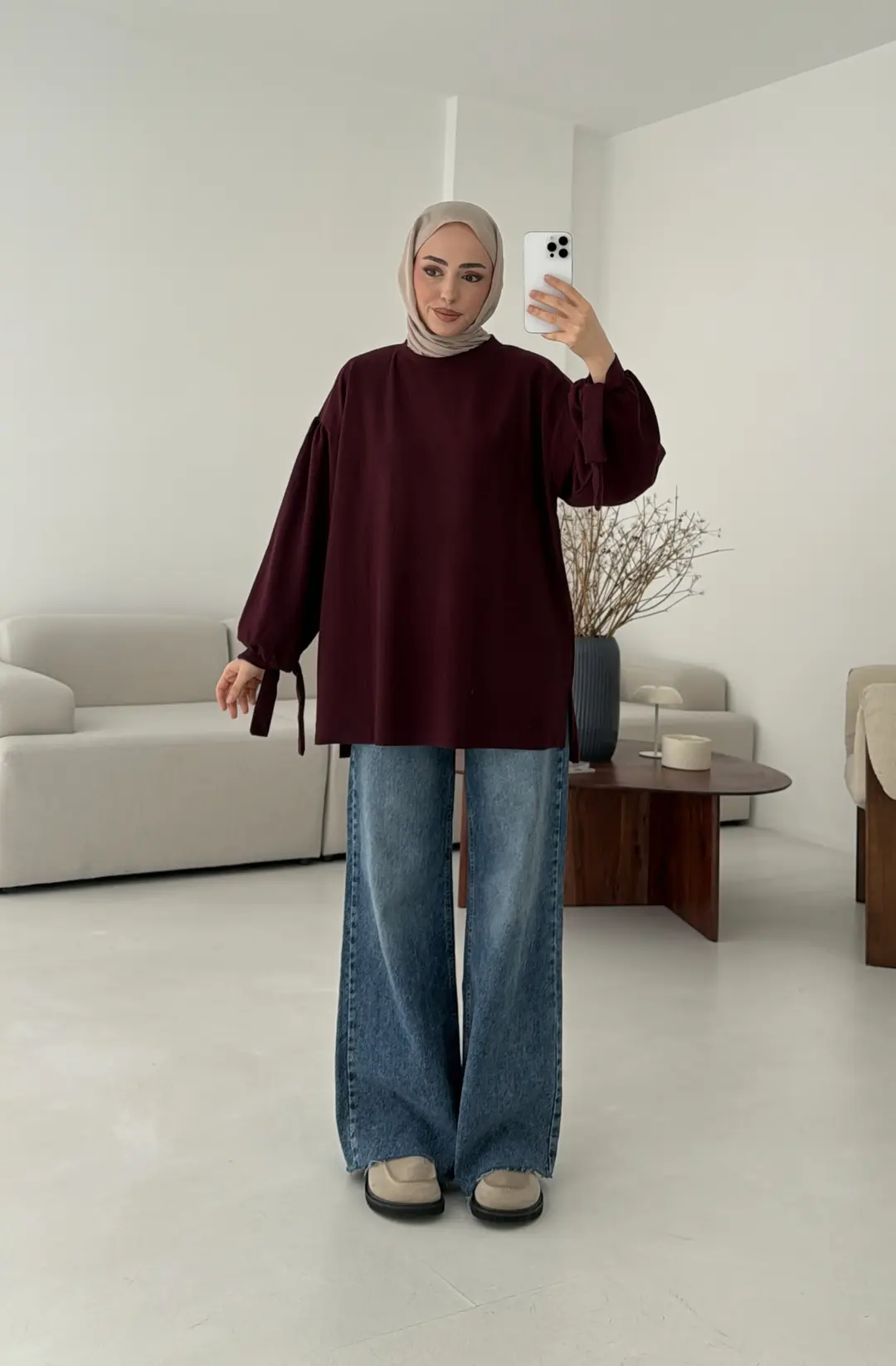 Selanik Balon Kol Bagcıklı Sweat Bordo