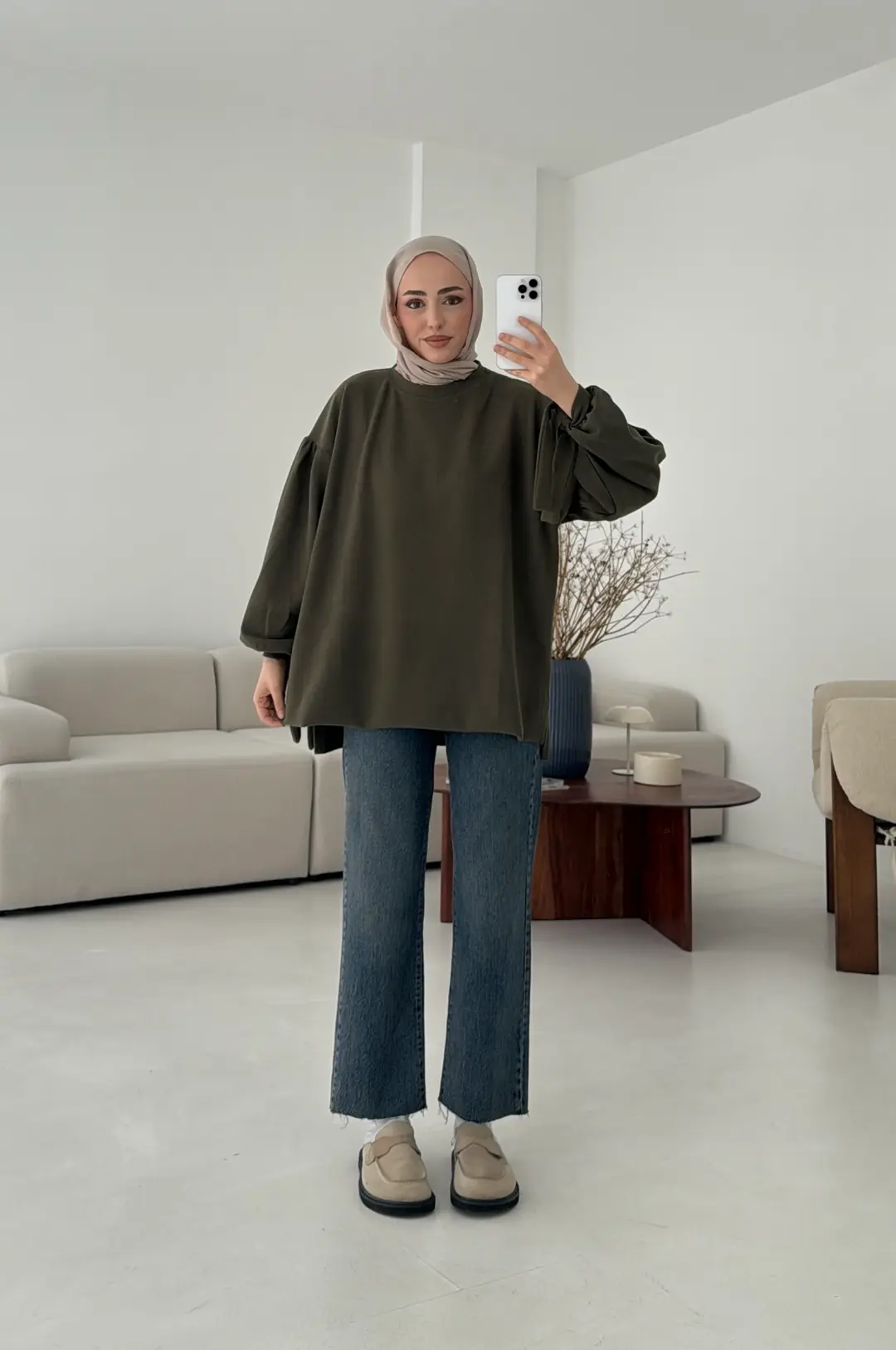 Selanik Balon Kol Bagcıklı Sweat Haki