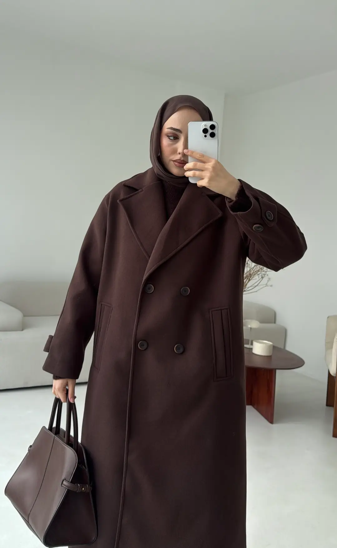 Çift Düğmeli Uzun Kaban Kahve