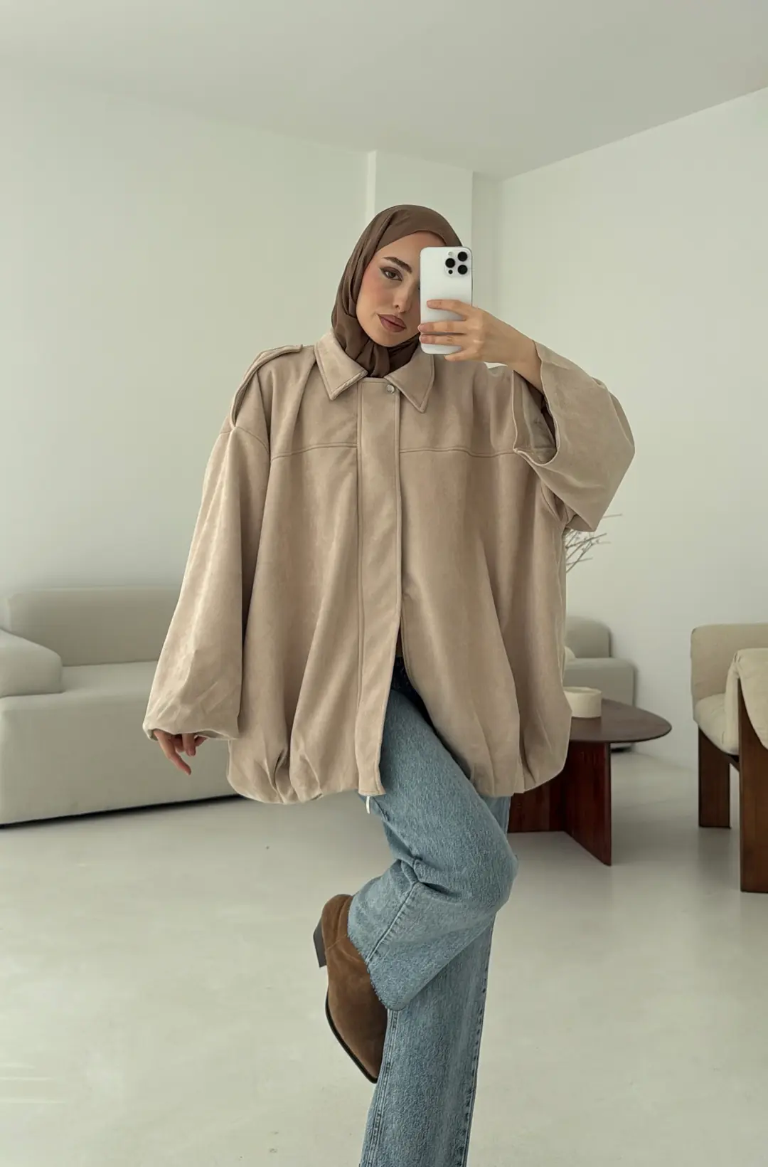 Pileli Süet Ceket Bej