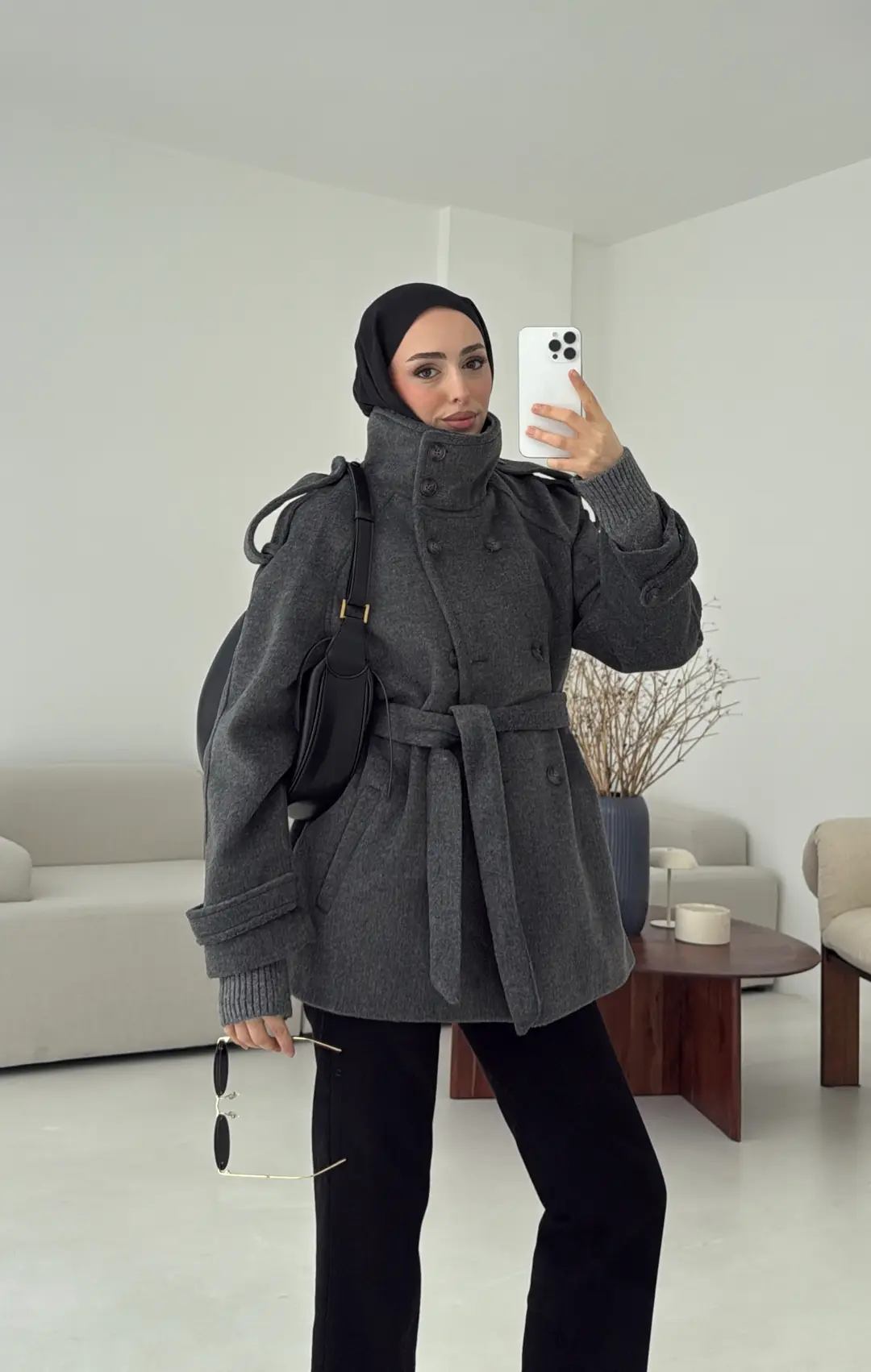 Kuşaklı Oversize Kaşe Kaban Antrasit