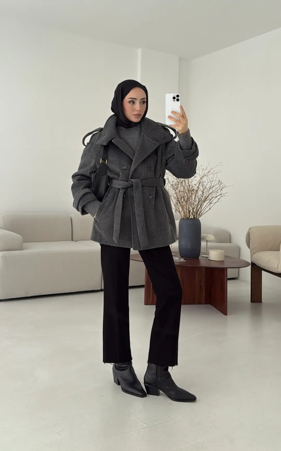 Kuşaklı Oversize Kaşe Kaban Antrasit