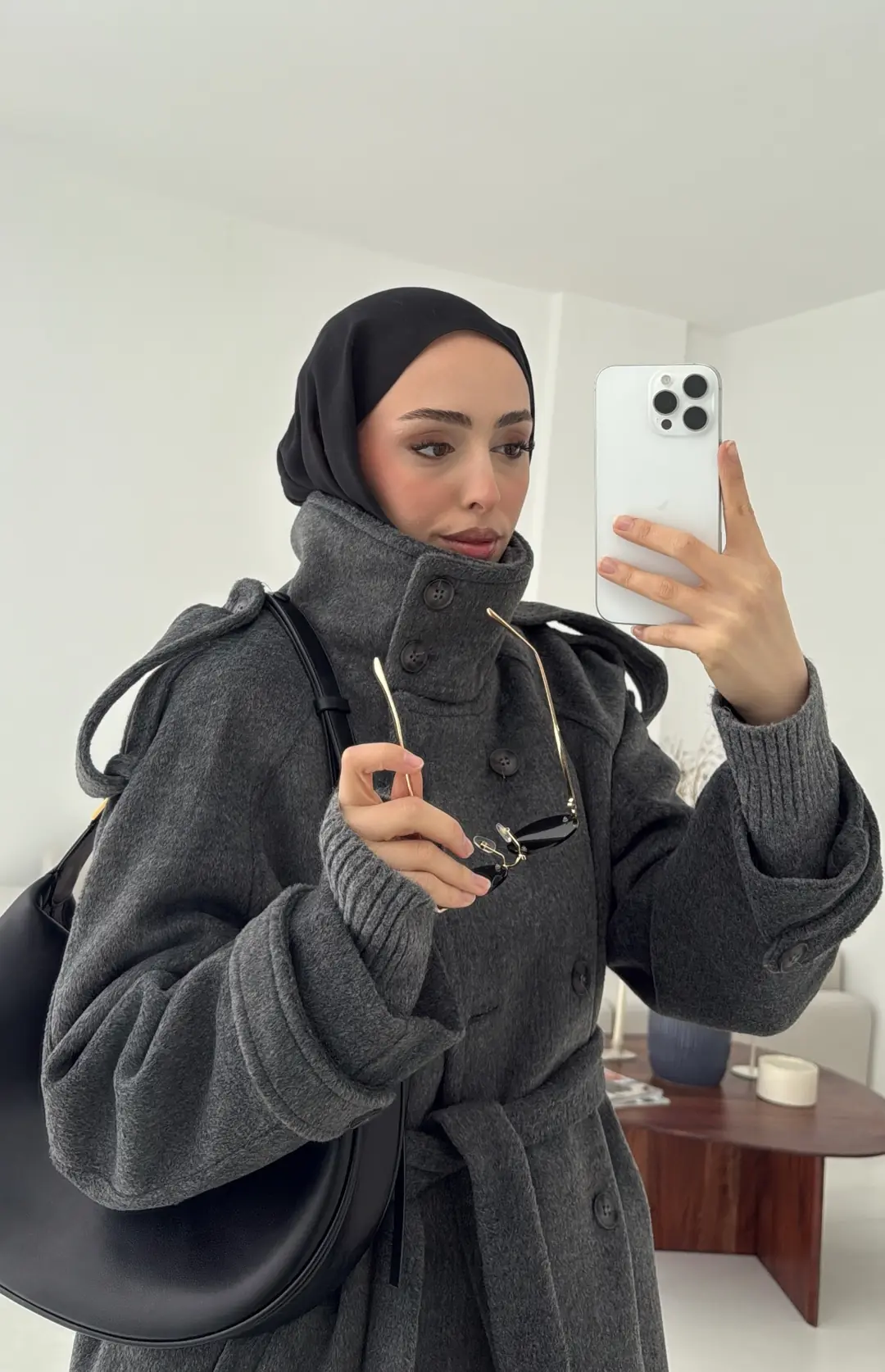Kuşaklı Oversize Kaşe Kaban Antrasit