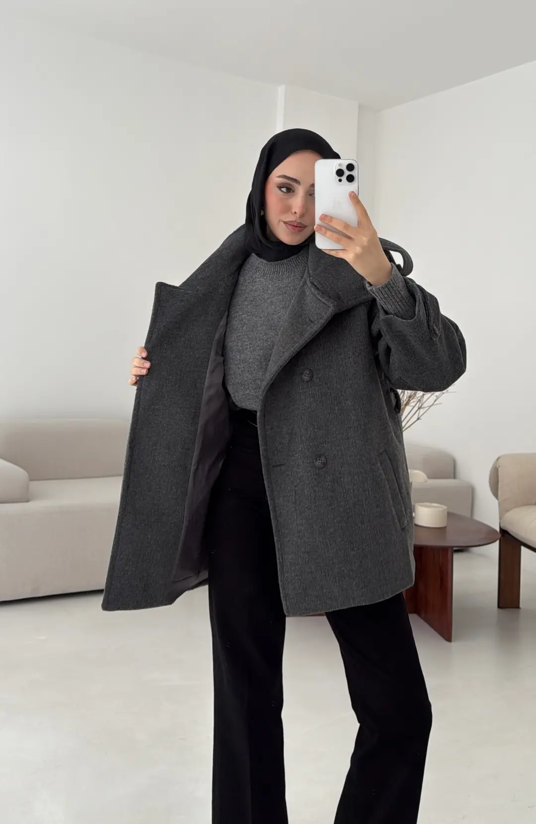 Kuşaklı Oversize Kaşe Kaban Antrasit