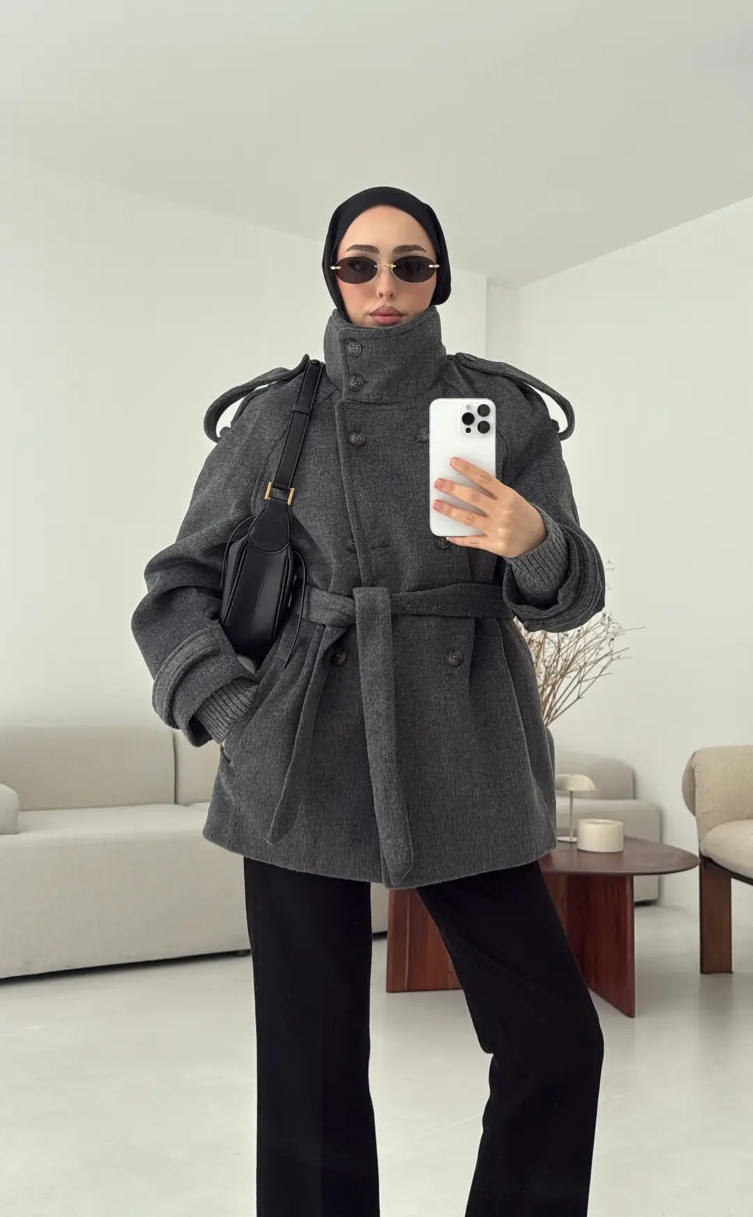 Kuşaklı Oversize Kaşe Kaban Antrasit