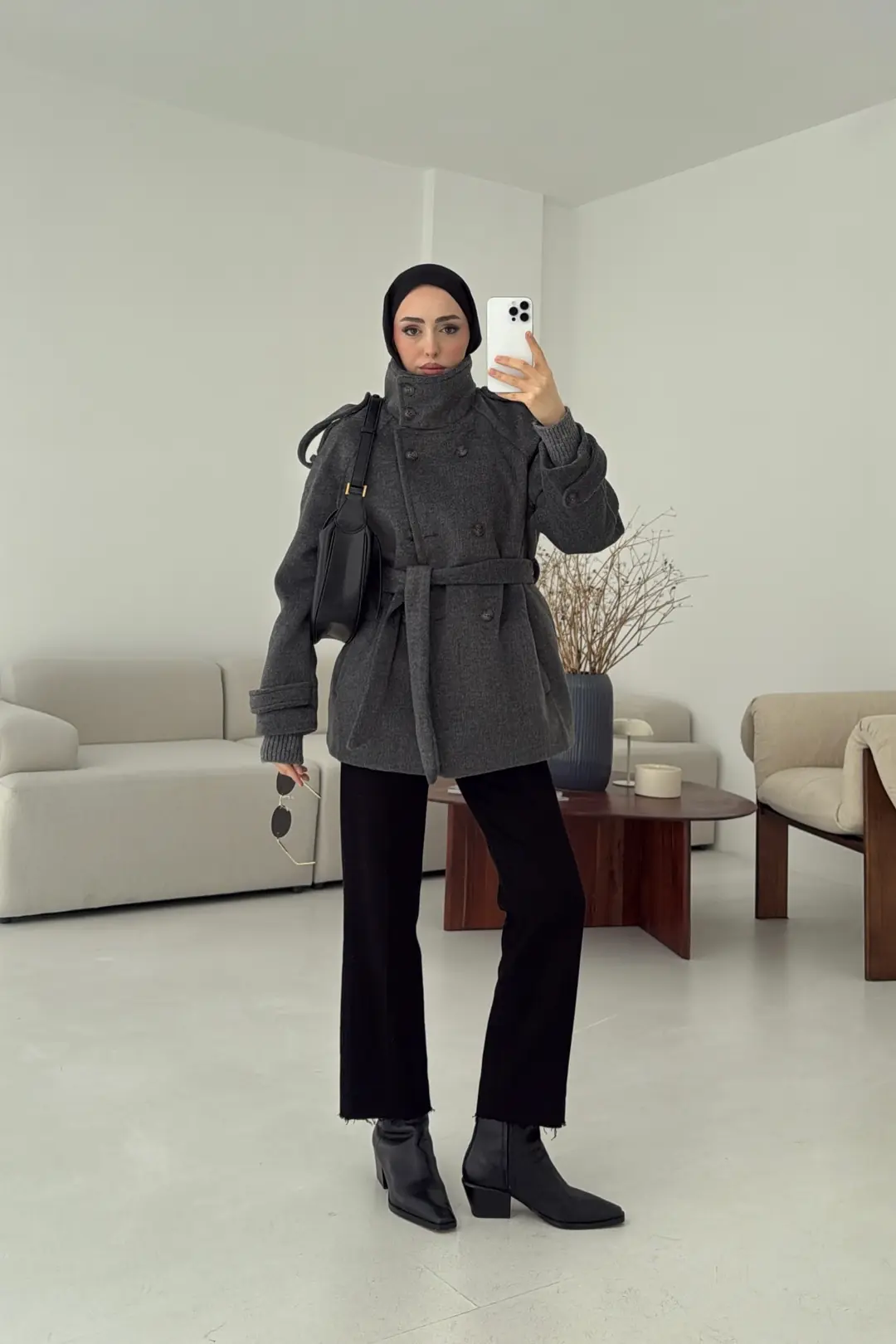 Kuşaklı Oversize Kaşe Kaban Antrasit