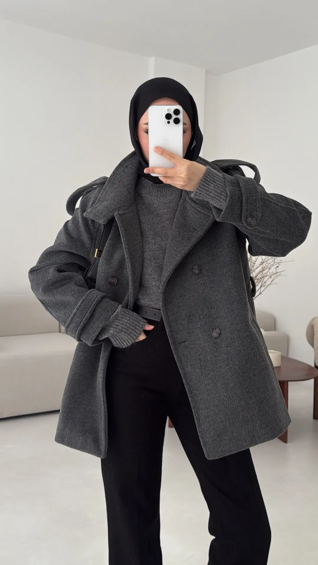 Kuşaklı Oversize Kaşe Kaban Antrasit