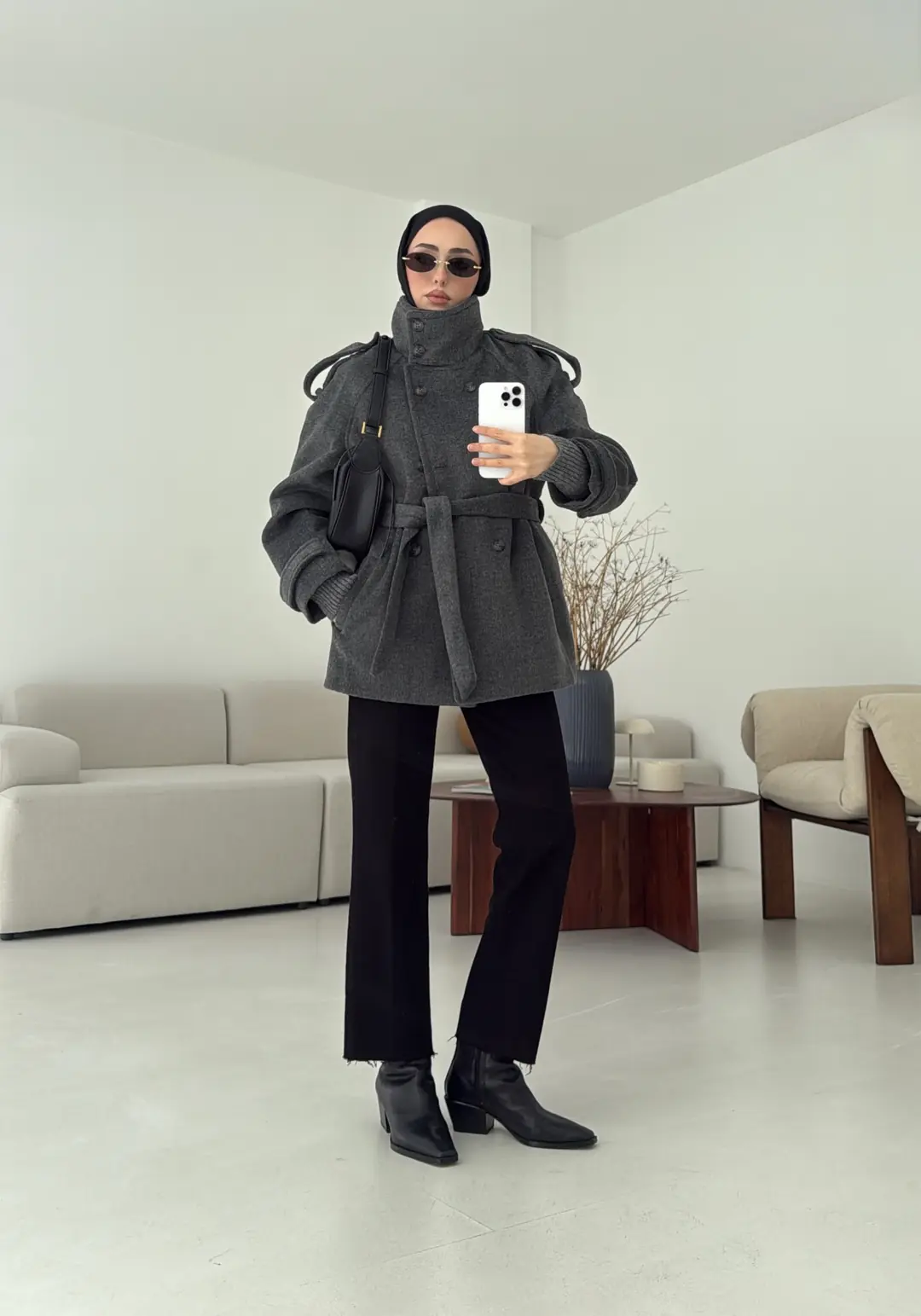 Kuşaklı Oversize Kaşe Kaban Antrasit