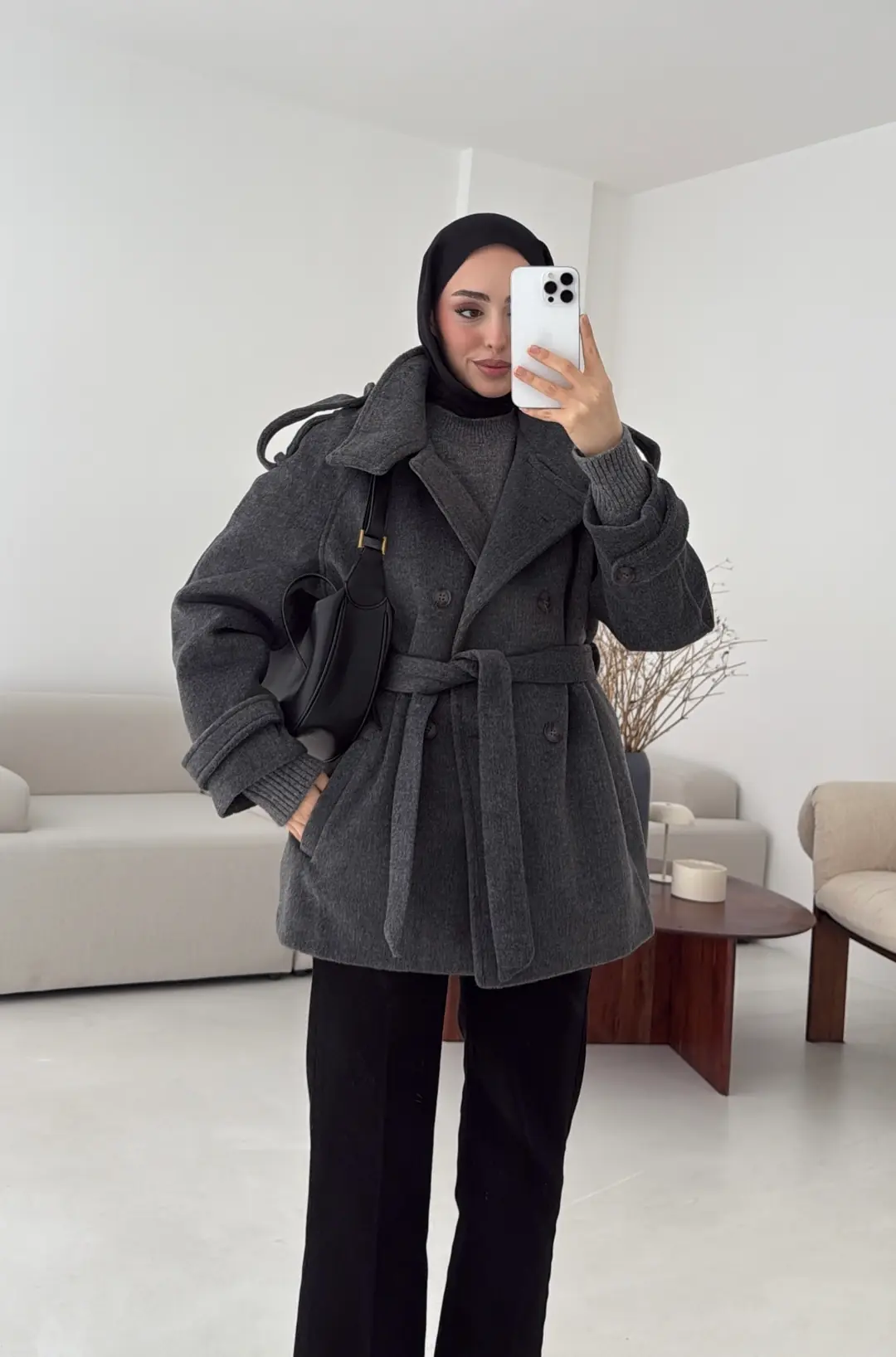 Kuşaklı Oversize Kaşe Kaban Antrasit