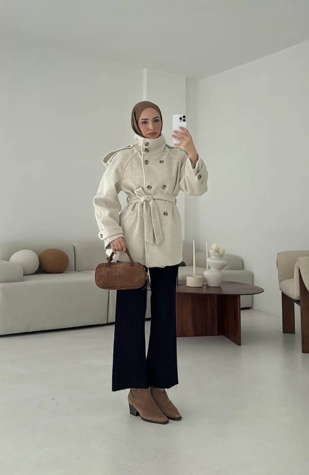 Kuşaklı Oversize Kaşe Kaban Taş