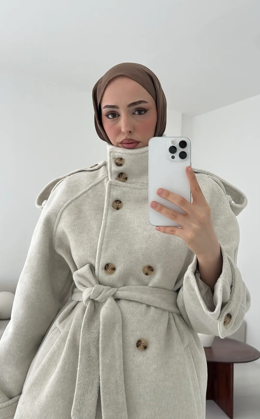 Kuşaklı Oversize Kaşe Kaban Taş