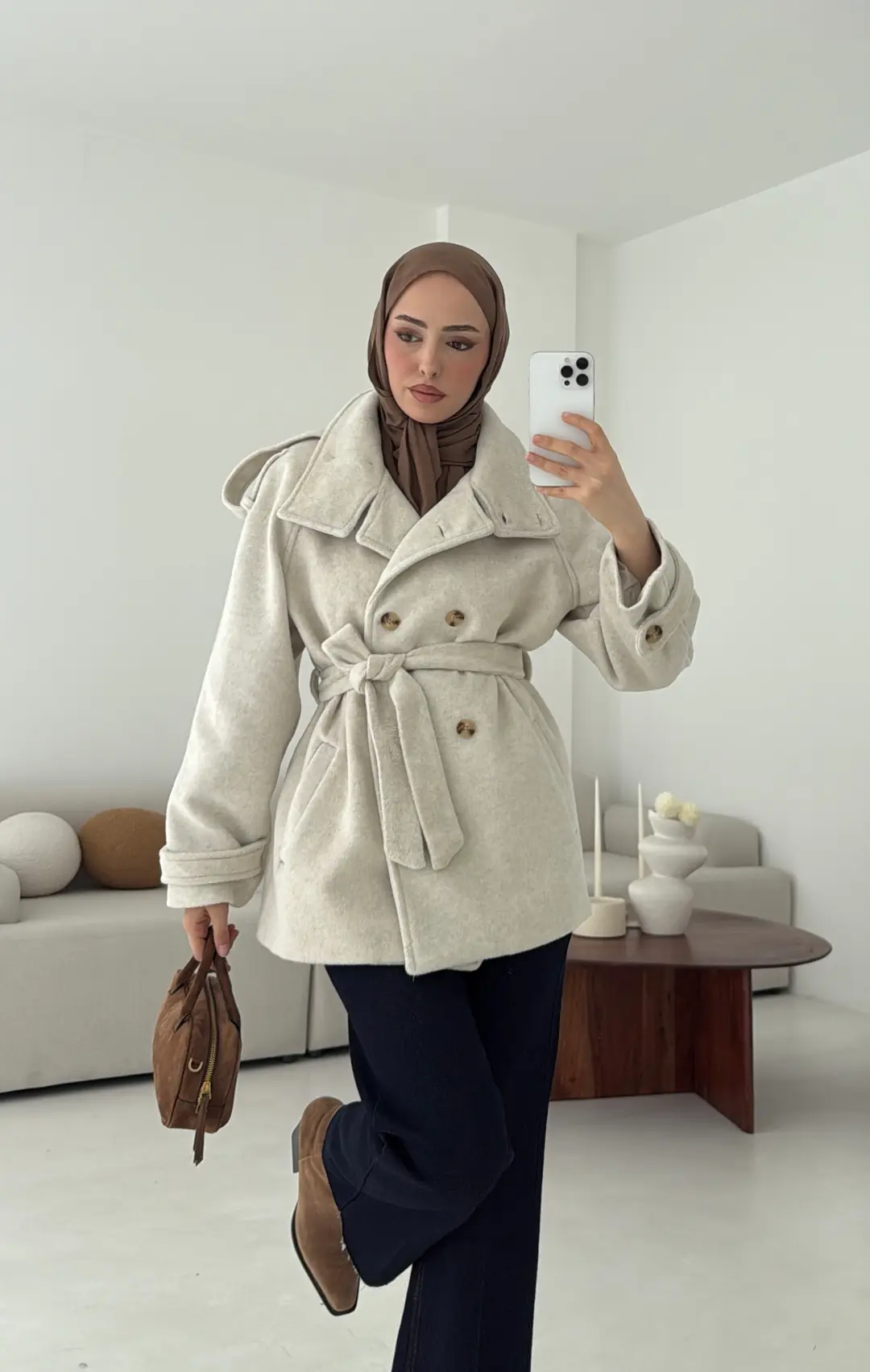 Kuşaklı Oversize Kaşe Kaban Taş