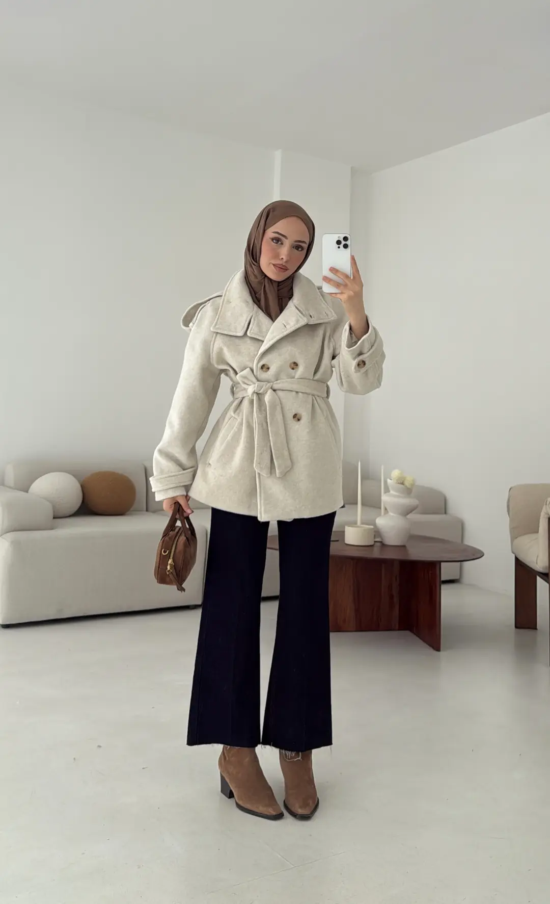 Kuşaklı Oversize Kaşe Kaban Taş