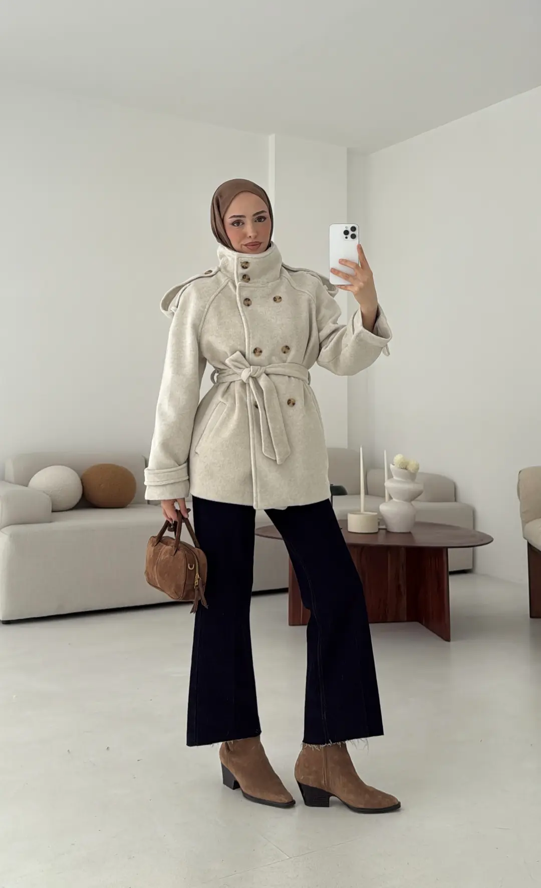 Kuşaklı Oversize Kaşe Kaban Taş