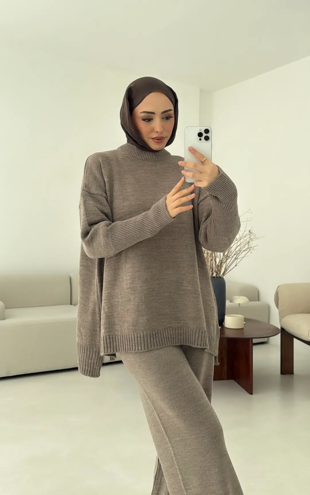 Parmak Geçmeli Triko Takım Vizon