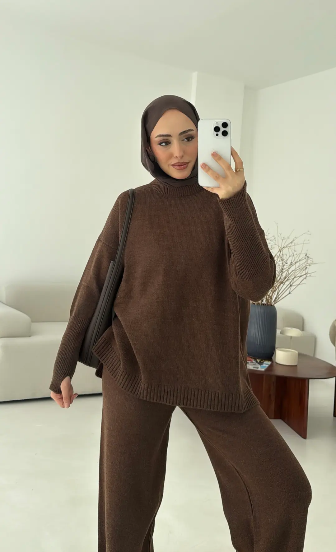 Parmak Geçmeli Triko Takım Kahve