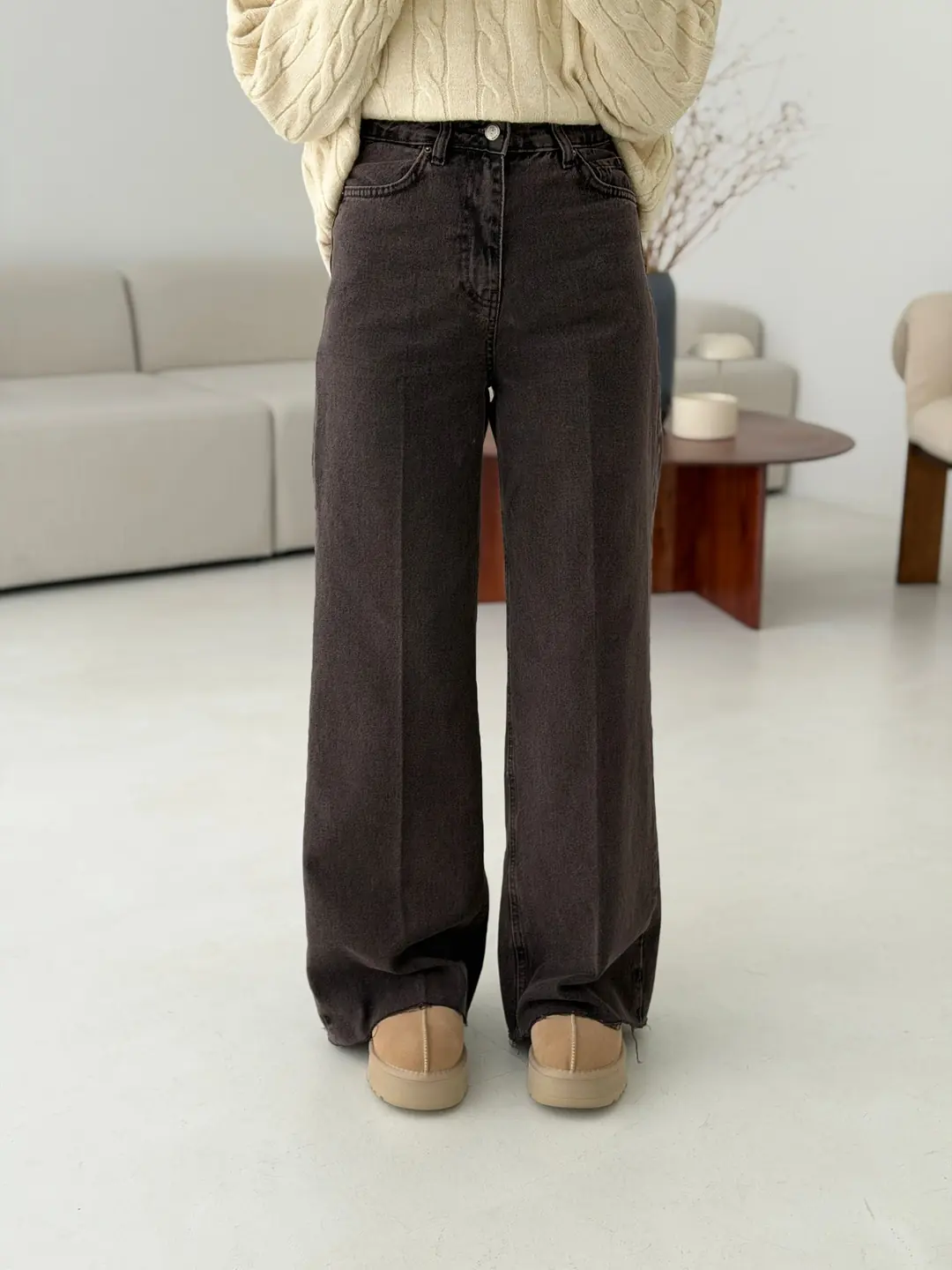 Wide Leg Kesik Paca Tam Boy Jean Kahve