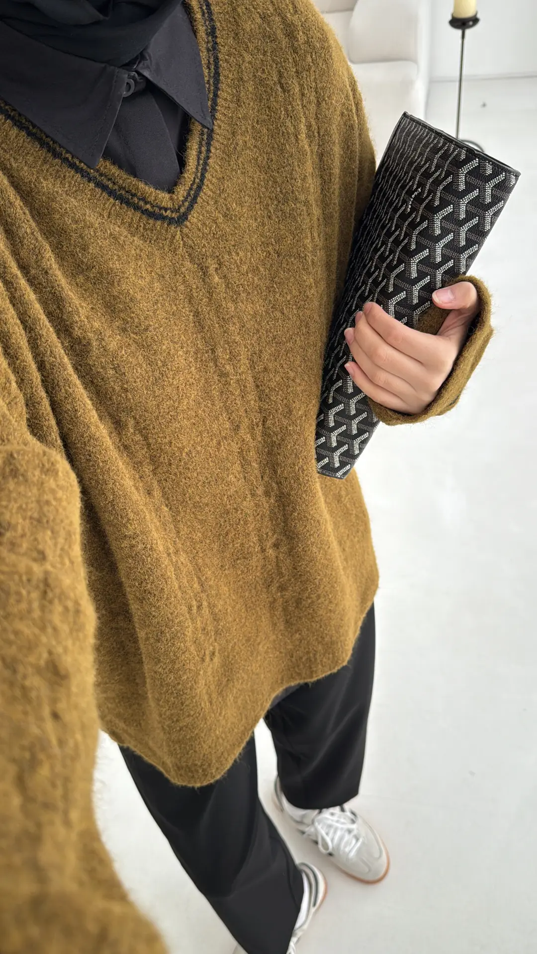 Kontrast Yaka Triko Kazak Olive