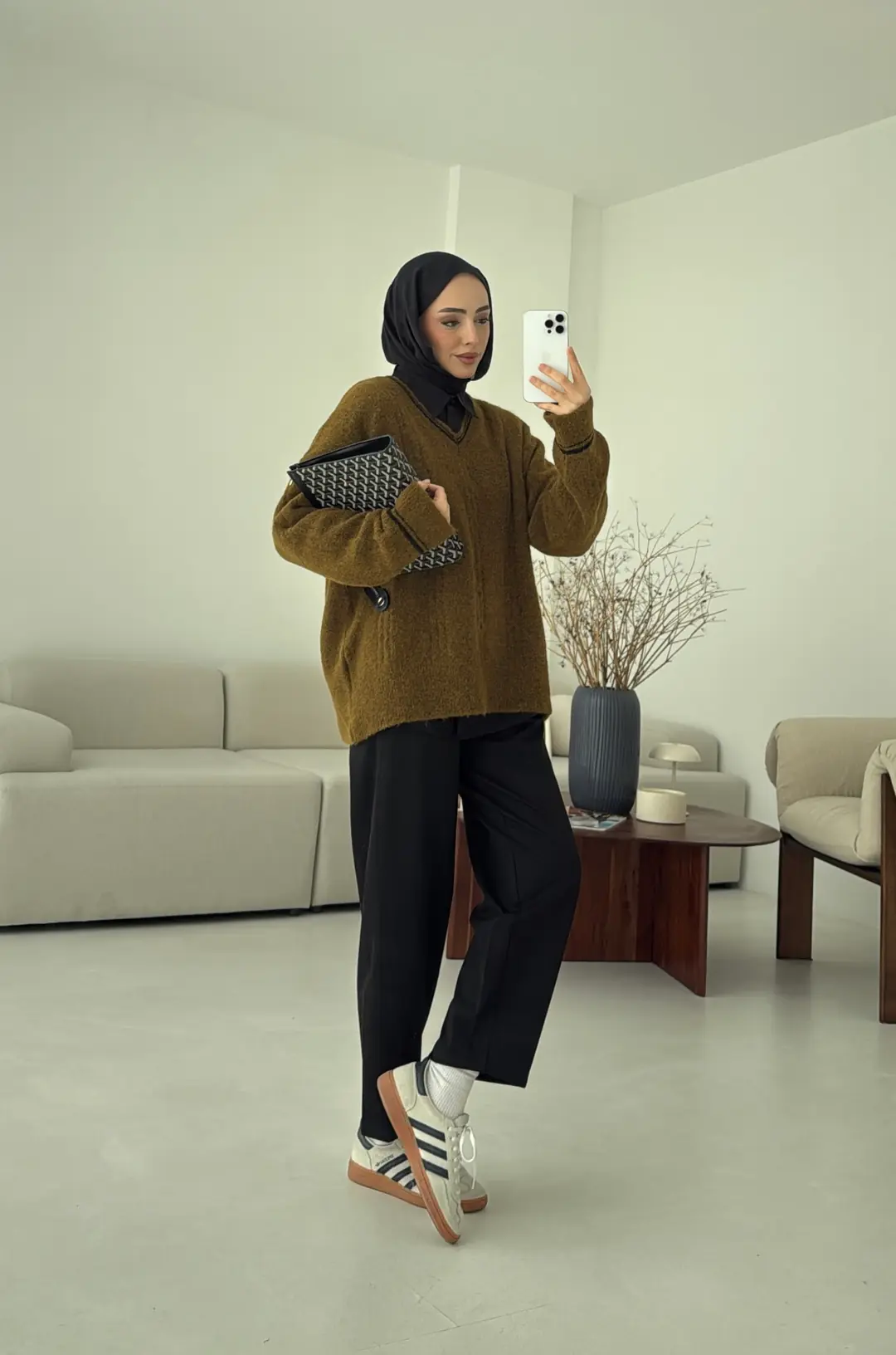 Kontrast Yaka Triko Kazak Olive