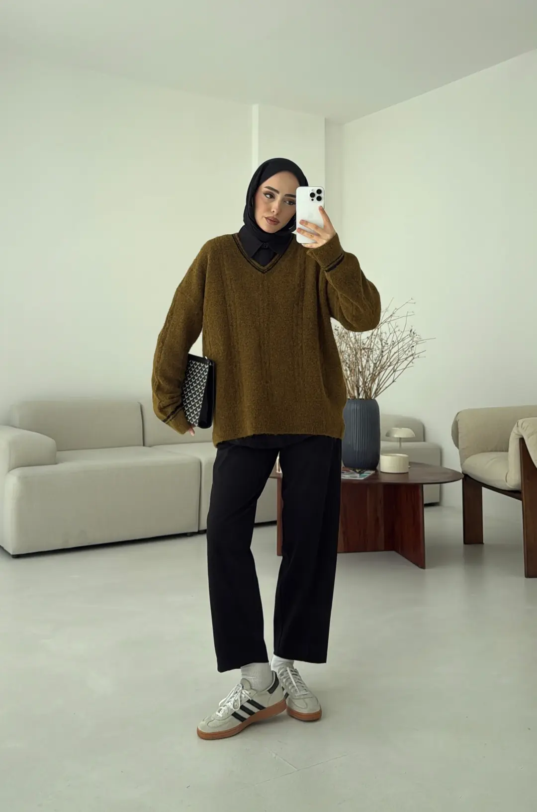 Kontrast Yaka Triko Kazak Olive
