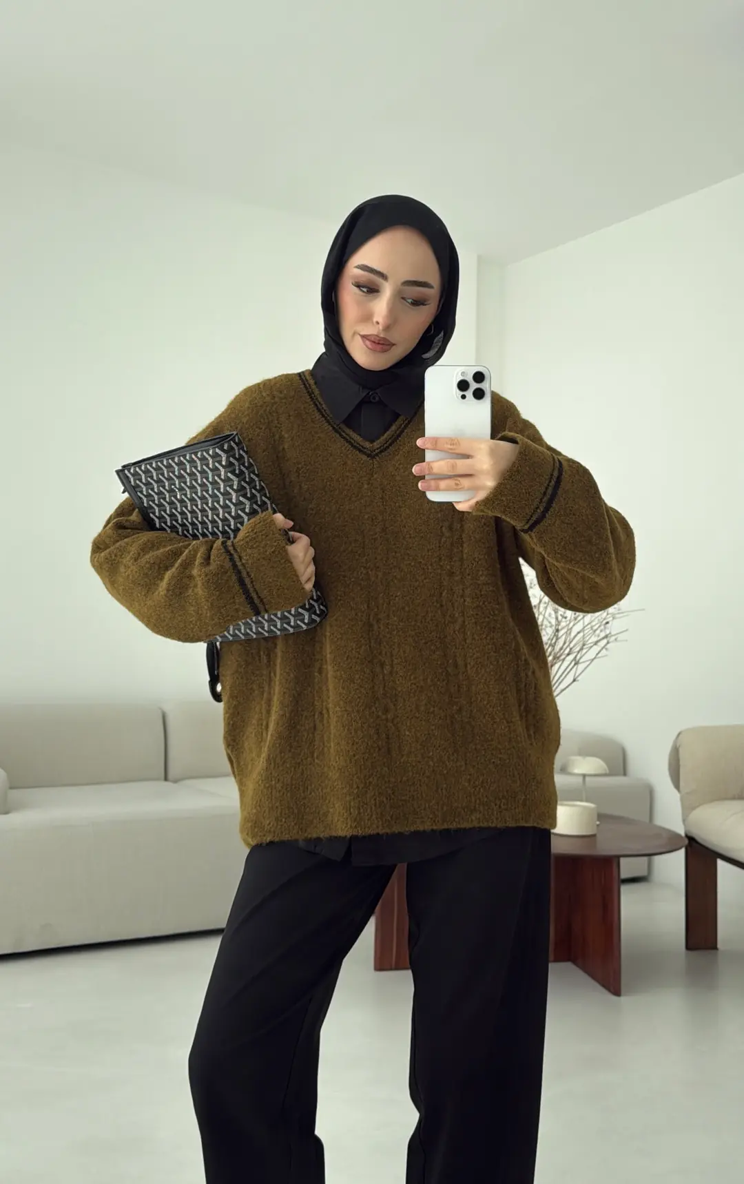 Kontrast Yaka Triko Kazak Olive