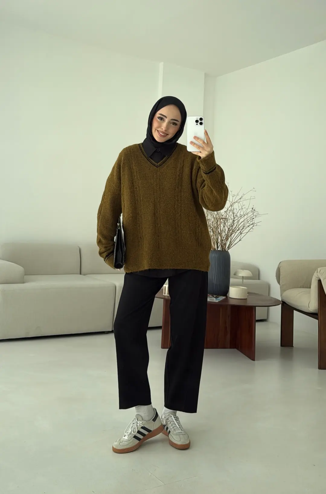 Kontrast Yaka Triko Kazak Olive