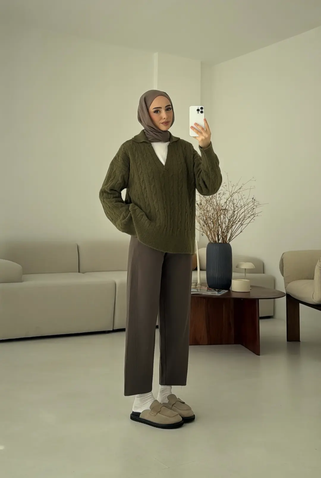 Saç Örgü Polo Yaka Kazak Olive