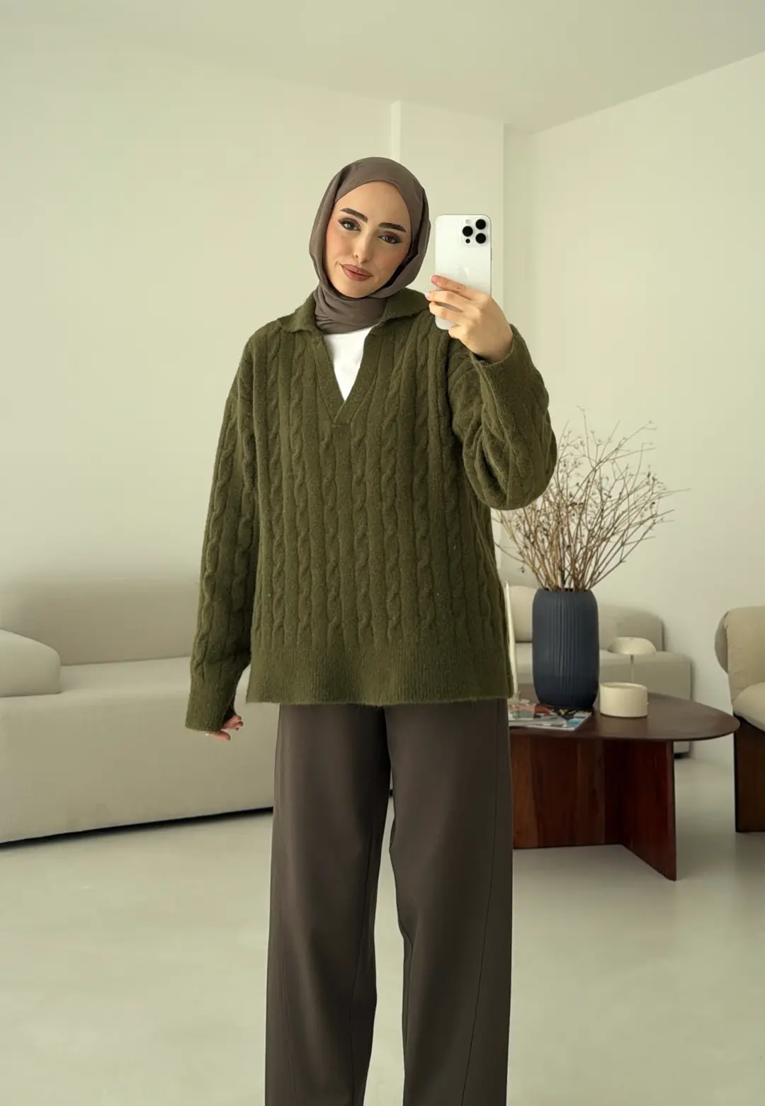 Saç Örgü Polo Yaka Kazak Olive