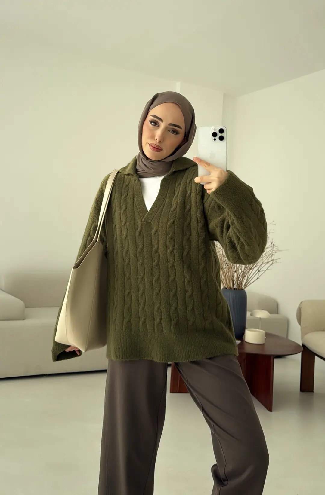 Saç Örgü Polo Yaka Kazak Olive